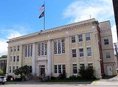 Photograph of the Benewah County Courthouse, an imposing three-story pillared building