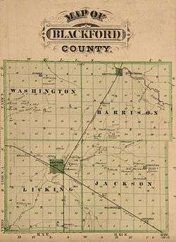 1876 map showing Blackford County. One line moves north–south through Hartford City and Montpelier, and the other moves east–west through Hartford City.