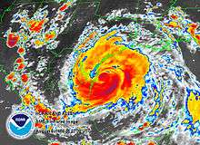 Infrared image of Hurricane Allen as it was just east of the Texas–Mexico border. While it has many banding features, it does not have an eye.