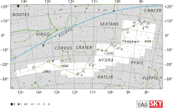 Diagram showing star positions and boundaries of the Hydra constellation and its surroundings