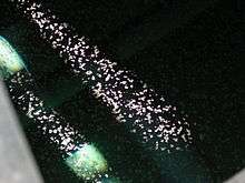 Photo showing calcite rafts on surface of water in Carpinteria Reservoir