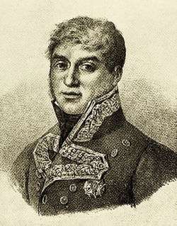 Print of a youthful man in a high collared military coat of the early 1800s.