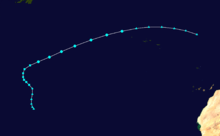 An image depicting the track of a weak and short-lived tropical storm in the central Atlantic.