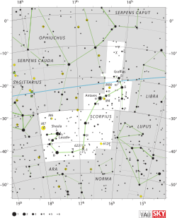 Diagram showing star positions and boundaries of the Scorpius constellation and its surroundings