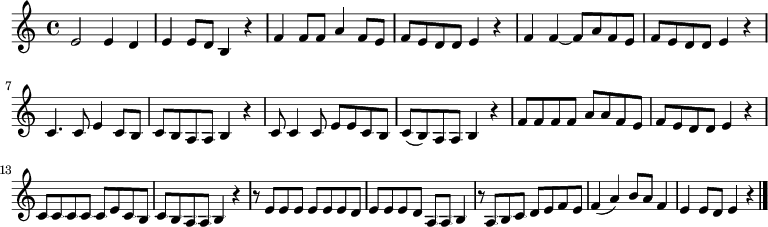 
\relative c' { \key a \minor
e2 e4 d | e e8 d b4 r | f' f8 f a4 f8 e | f e d d e4 r | f f4 ~ f8 a f e | f e d d e4 r |\break
c4. c8 e4 c8 b | c b a a b4 r | c8 c4 c8 e e c b | c( b) a a b4 r | f'8 f f f a a f e | f e d d e4 r |\break
c8 c c c c e c b | c b a a b4 r |\noBreak r8 e e e e e e d |\noBreak e e e d a a b4 |\noBreak r8 a b c d e f e |\noBreak f4( a) b8 a f4 |\noBreak e e8 d e4 r \bar "|."
}